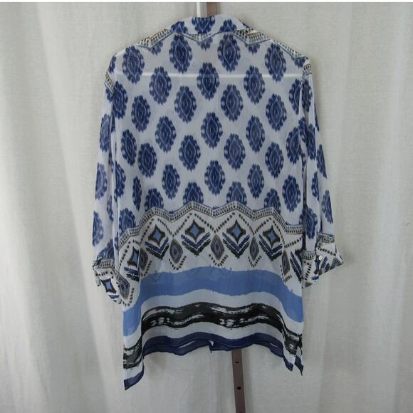 Chico's Size 2 Large Semi Sheer Blue and White Geometric Button Down Blouse - Picture 6 of 6